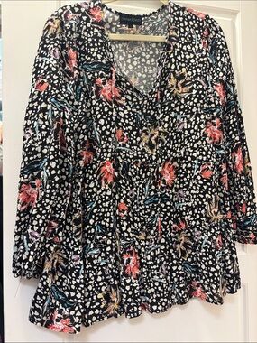 Cynthia Rowley Black Multicolor Floral Tiered V-Neck Blouse